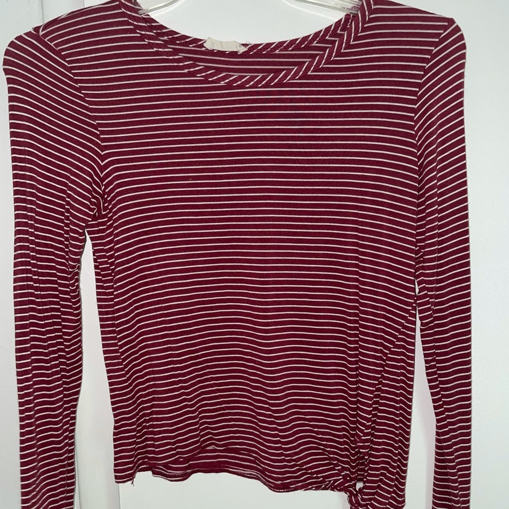Juniors, red and white tied front blouse